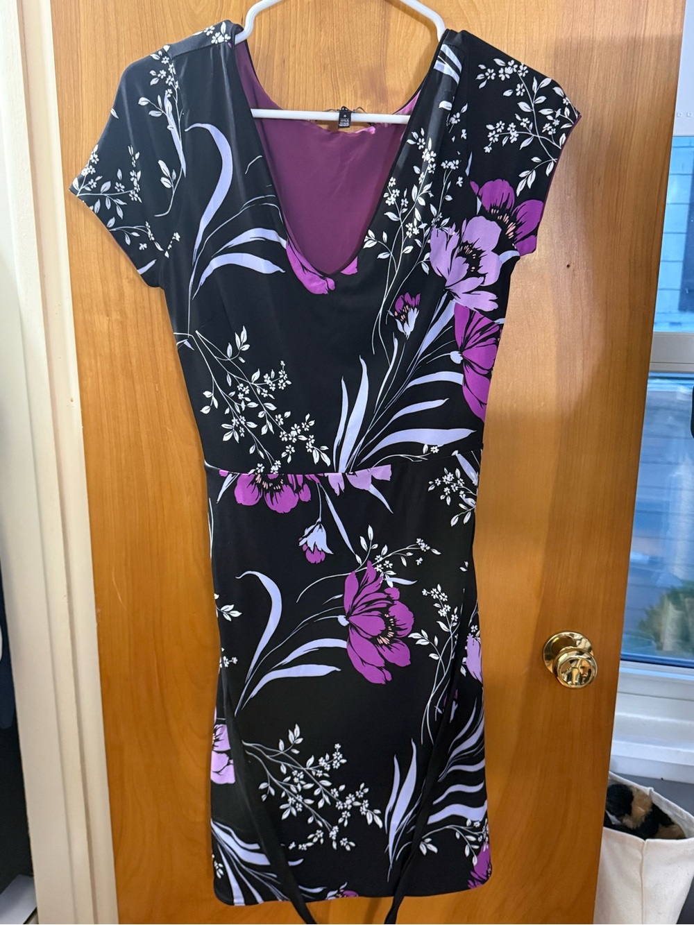 White House Black Market Black Dress with Purple Floral Print - Picture 3 of 9